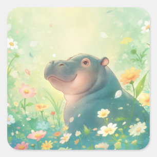 Sticker Carré Champs de Fleurs et Hippopotame Heureux