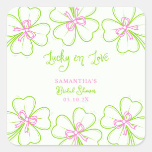 Sticker Carré Chanceux en amour TrèfleRose Vert  Baby Shower de 