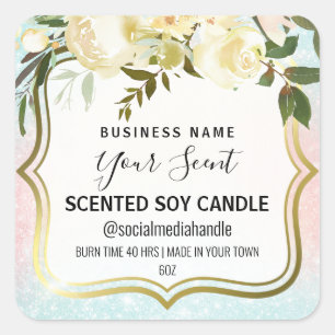 Sticker Carré Chandelle De Soja Parfumée Blanc Et Pastel Étiquet