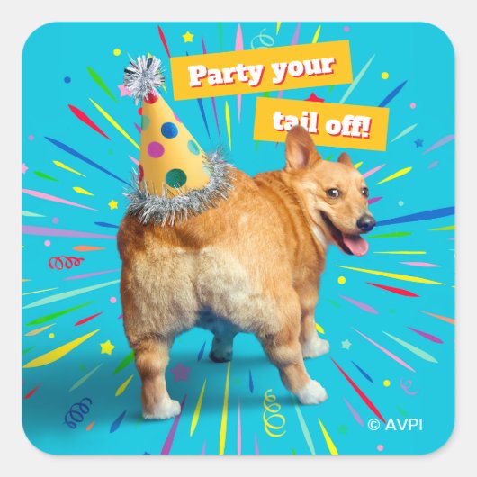 Sticker Carré Chapeau d'anniversaire Corgi Butt (Devant)