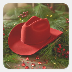 Sticker Carré Chapeau de cowboy rouge pour Noël