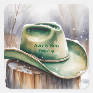 Sticker Carré Chapeau de cowboy vert aquarelle dans un mariage s