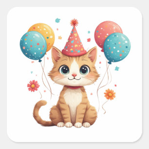 Sticker Carré Chapeau de fête et ballons de fête d'anniversaire