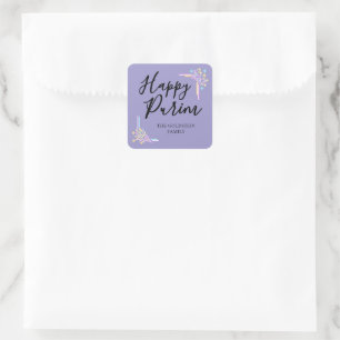 Sticker Carré Chapeau de fête néon violet de Pourim avec nom pou