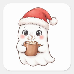 Sticker Carré Chapeau de Père Noël fantôme mignon Chocolat chaud