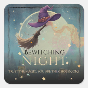 Sticker Carré Chapeau de sorcière et balai de nuit ensorcelante