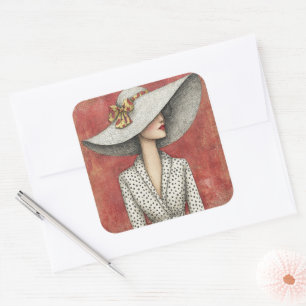 Sticker Carré Chapeau Soleil Large Vintage Dame sur Fond Rouge