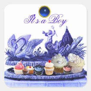 STICKER CARRÉ CHARIOT BLEU DE SWANS /CUPCAKES BABY SHOWER GARÇON