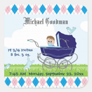 Sticker Carré Chariot bleu vintage mignon de bébé