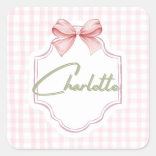 Sticker Carré Charlotte Personnalisée Pink Bow & En vichy Print