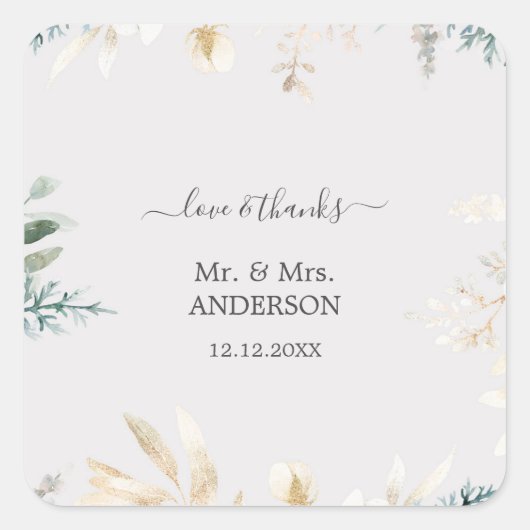 Sticker Carré Charmant Aquarelle Verdure Mariage Or (Devant)