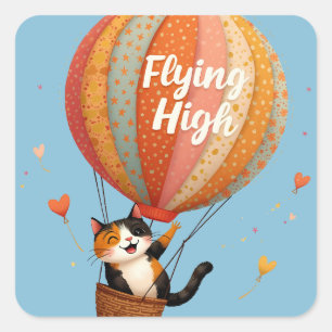 Sticker Carré Charmant Chat Montgolfière Art Fantaisiste