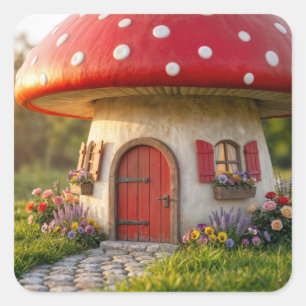 Sticker Carré Charmant Cottage Champignon avec Toit à Points