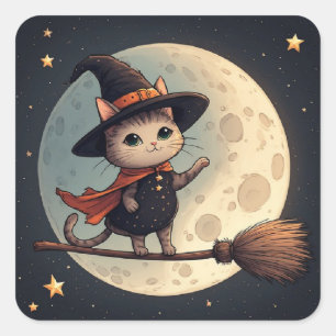 Sticker Carré Charmante Chat Sorcière Ciel de Halloween au Clair