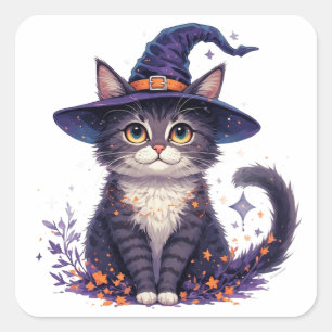 Sticker Carré Charmante chatte sorcière avec des étoiles et des 