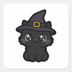 Sticker Carré Charmante Sorcière Chat Noir Halloween