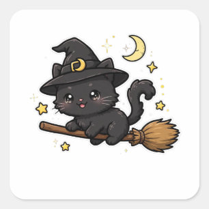 Sticker Carré Charmante Sorcière Chat Noir Halloween