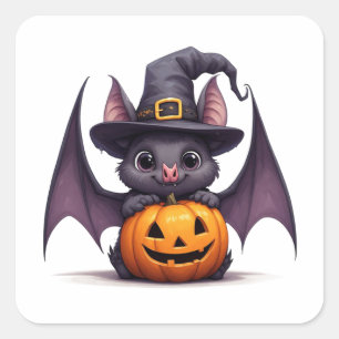 Sticker Carré Charmante Sorcière Chauve-Souris et Citrouille Hal