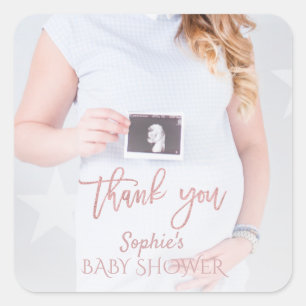 Sticker Carré Charme Baby shower photo Rose Merci or 