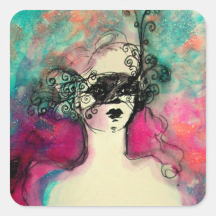 Sticker Carré CHARME /Dame Avec Masque Rose Vert Turquoise