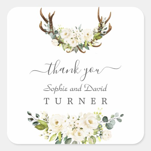 Sticker Carré Charming Aquarelle Fleurs blanches Antlers Mariage (Devant)