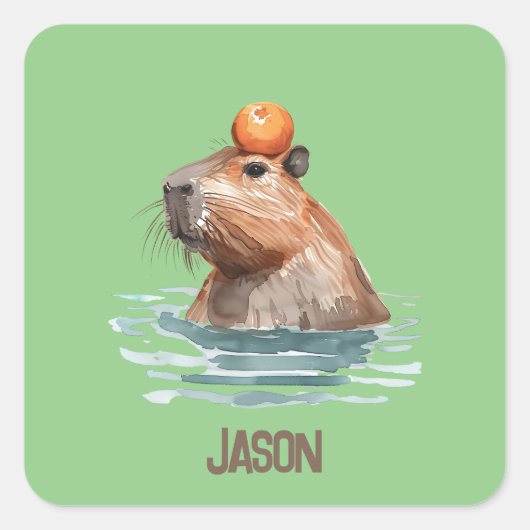 Sticker Carré Charming mignonne Capybara avec Orange et nom des (Devant)