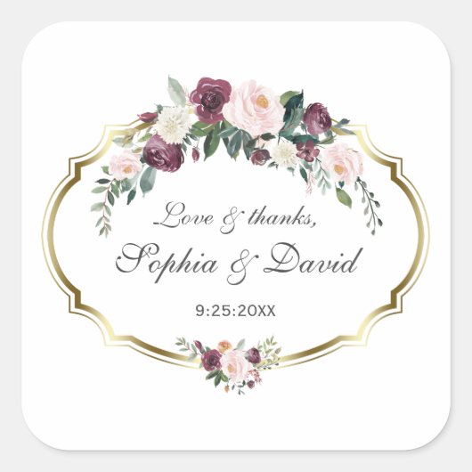 Sticker Carré Charming or Bourgogne Blush Floral Mariage (Devant)