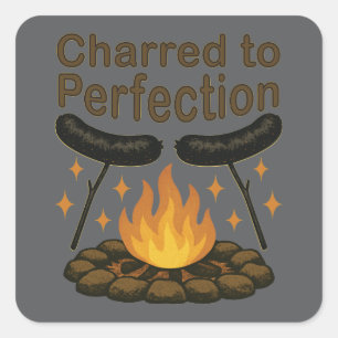 Sticker Carré Charred to Perfection Funky Campfire Hot Dog