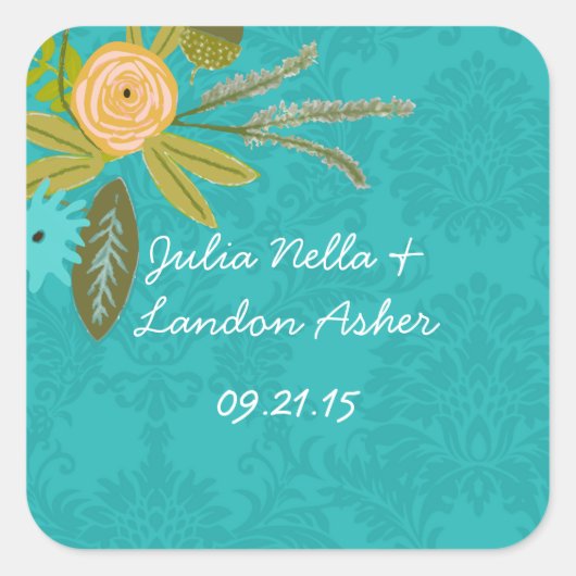 Sticker Carré Chartreuse moderne Turquoise Mariage damassé (Devant)