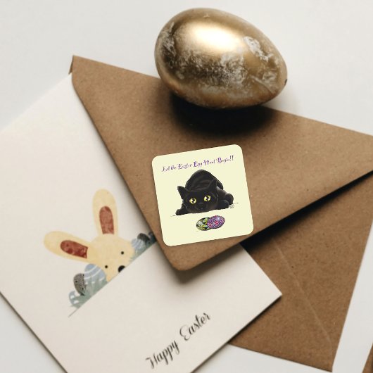 Sticker Carré Chasse aux oeufs de Pâques Chat amusant