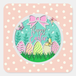 Sticker Carré Chasse aux œufs de Pâques mignonne et papillons co