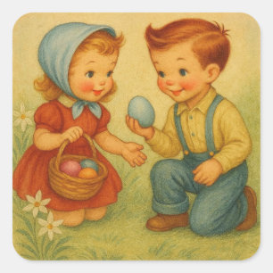 Sticker Carré Chasse aux œufs de Pâques vintage/retro années 50