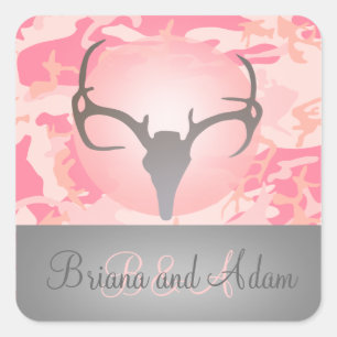 Sticker Carré Chasse personnalisée Antlers Mariage Camo rose