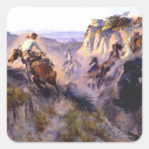 Sticker Carré « Chasseurs de chevaux sauvages » par Charles M Ru