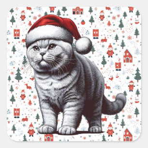 Sticker Carré Chat à air noir Noël, Noël Père Noël Kitten