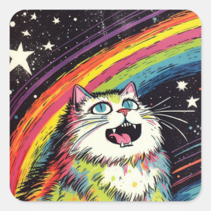 Sticker Carré Chat à bouffée colorée dans l'espace