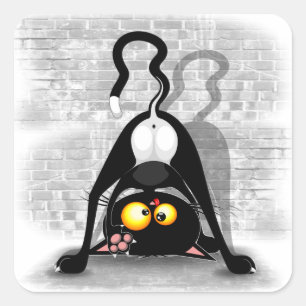 Sticker Carré Chat à l'envers Personnage de dessin animé drôle
