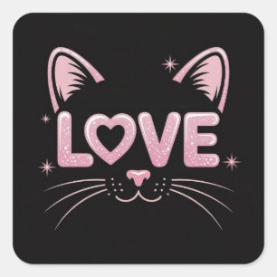 Sticker Carré Chat à paillettes rose