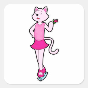 Sticker Carré Chat à Patinage sur glace avec Fleur