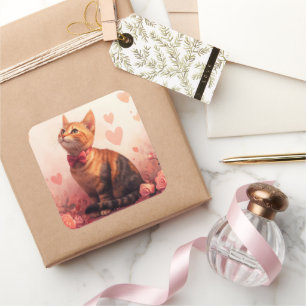 Sticker Carré Chat abyssinien avec Rose - Saint Valentin