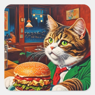 Sticker Carré Chat adorable à un dîner Vintage Cheeseburger