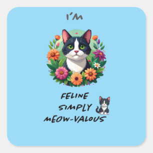 Sticker Carré Chat amoureux Tuxedo cat floral