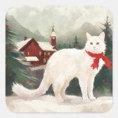 Sticker Carré Chat Angora turc en Noël de neige (Devant)