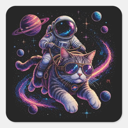 Sticker Carré Chat astronaute chevauchant à travers l'espace (Devant)