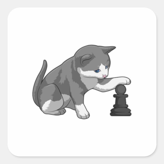 Sticker Carré Chat aux échecs avec pièce d'échecs Évêque (Devant)