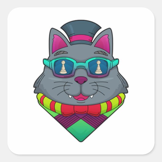 Sticker Carré Chat aux échecs avec pièce d'échecs Pawn (Devant)