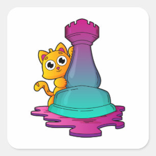 Sticker Carré Chat aux échecs avec pièce d'échecs Roche