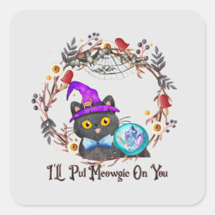 Sticker Carré Chat aux sorcières mignonne et Punny