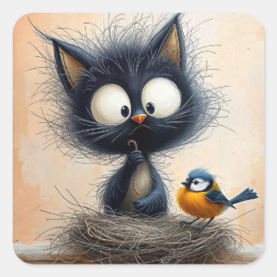 Sticker Carré Chat aux yeux larges et grossiers tenant un ver po