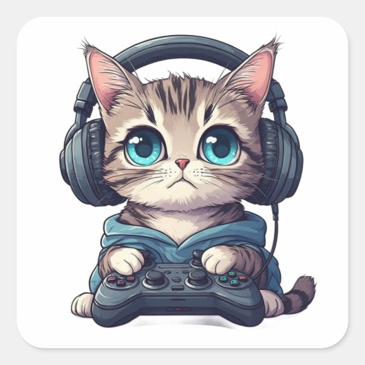 Sticker Carré Chat avec casque audio et manette (Devant)